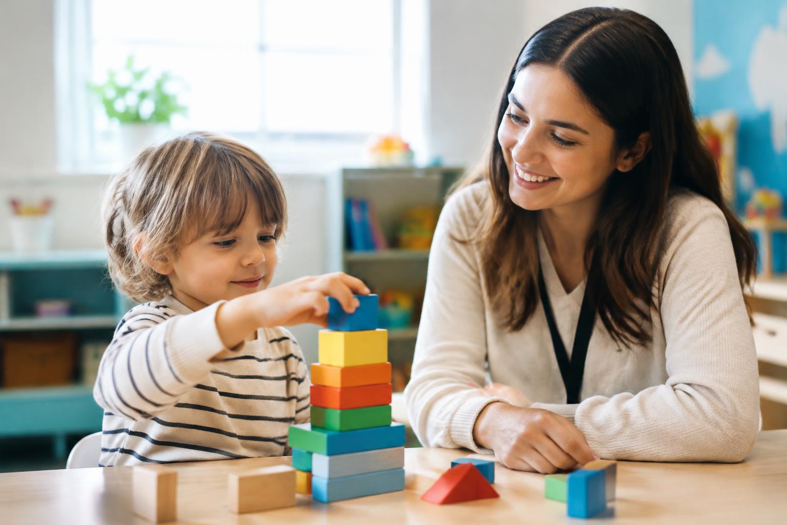 Child building block tower with a therapist